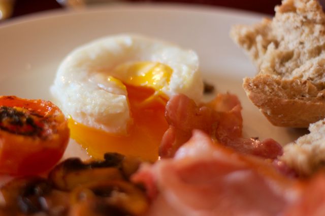 Poached Egg, Bacon, Tomato, Bread and Mushrooms